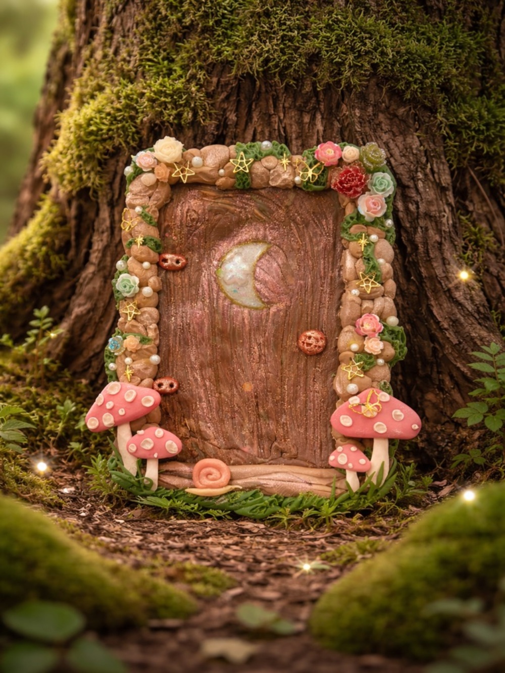 Whimsical Fairy Door with Pink Mushrooms 6” Garden decor, nursery accent